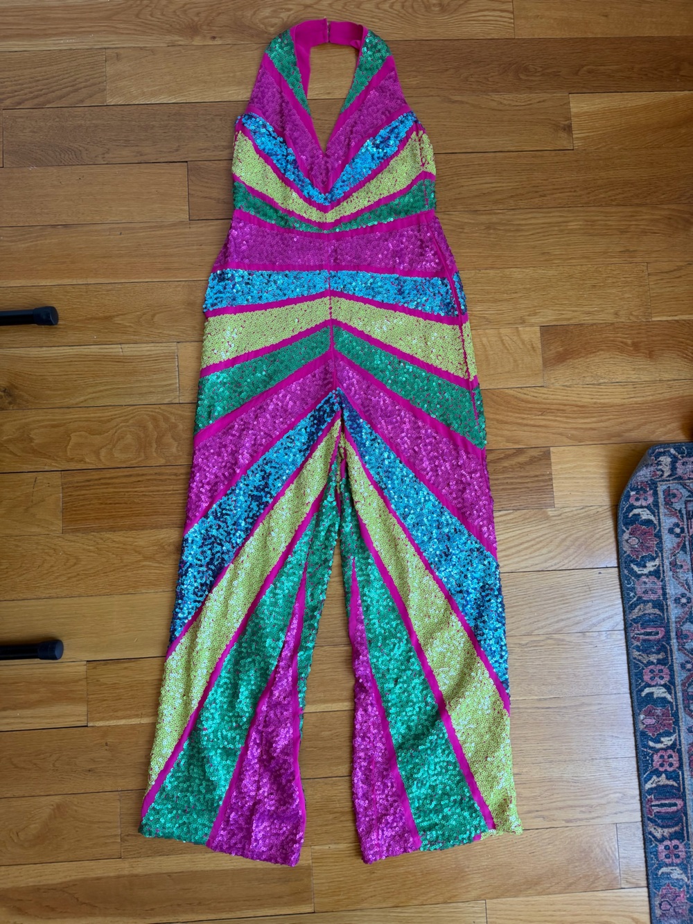FUN Sparkly Sequin Halter Jumpsuit in Fuchsia, Teal & Lime - Picture 2 of 11